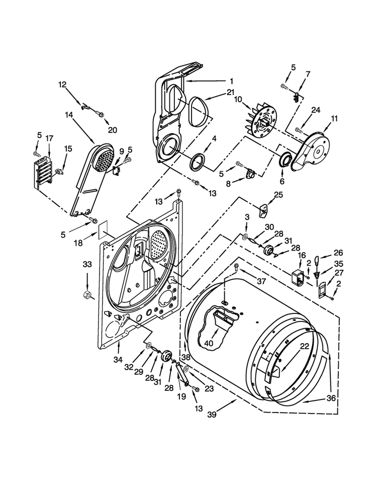 Bulkhead Parts Diagram and Parts List for 7EWED1730YW2  Whirlpool Dryer