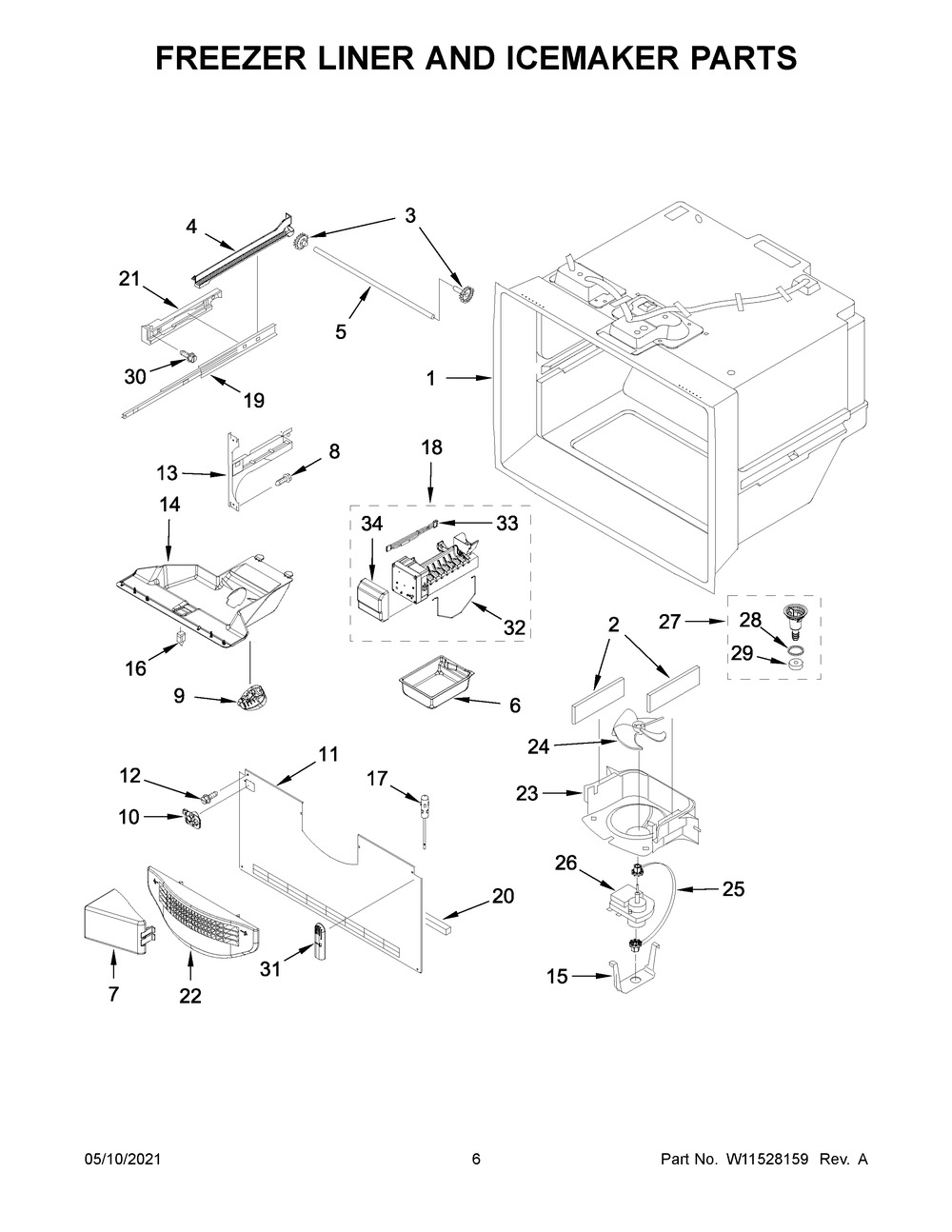 Freezer Liner And Icemaker Parts Diagram and Parts List for WRF540CWHV02  Whirlpool Refrigerator