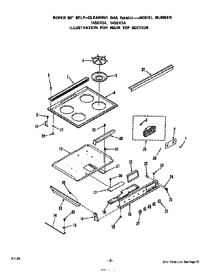 Main Top Diagram and Parts List for 1456*0A  Roper Range