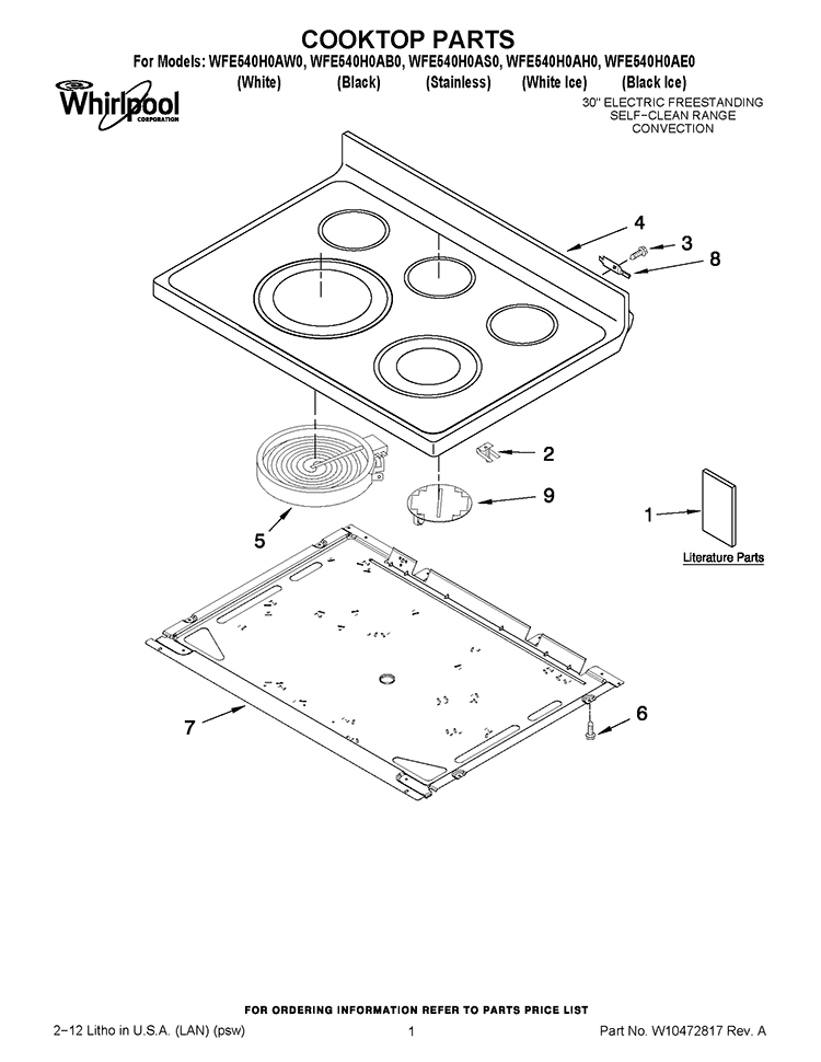 COOKTOP PARTS Diagram and Parts List for WFE540H0AS0  Whirlpool Range