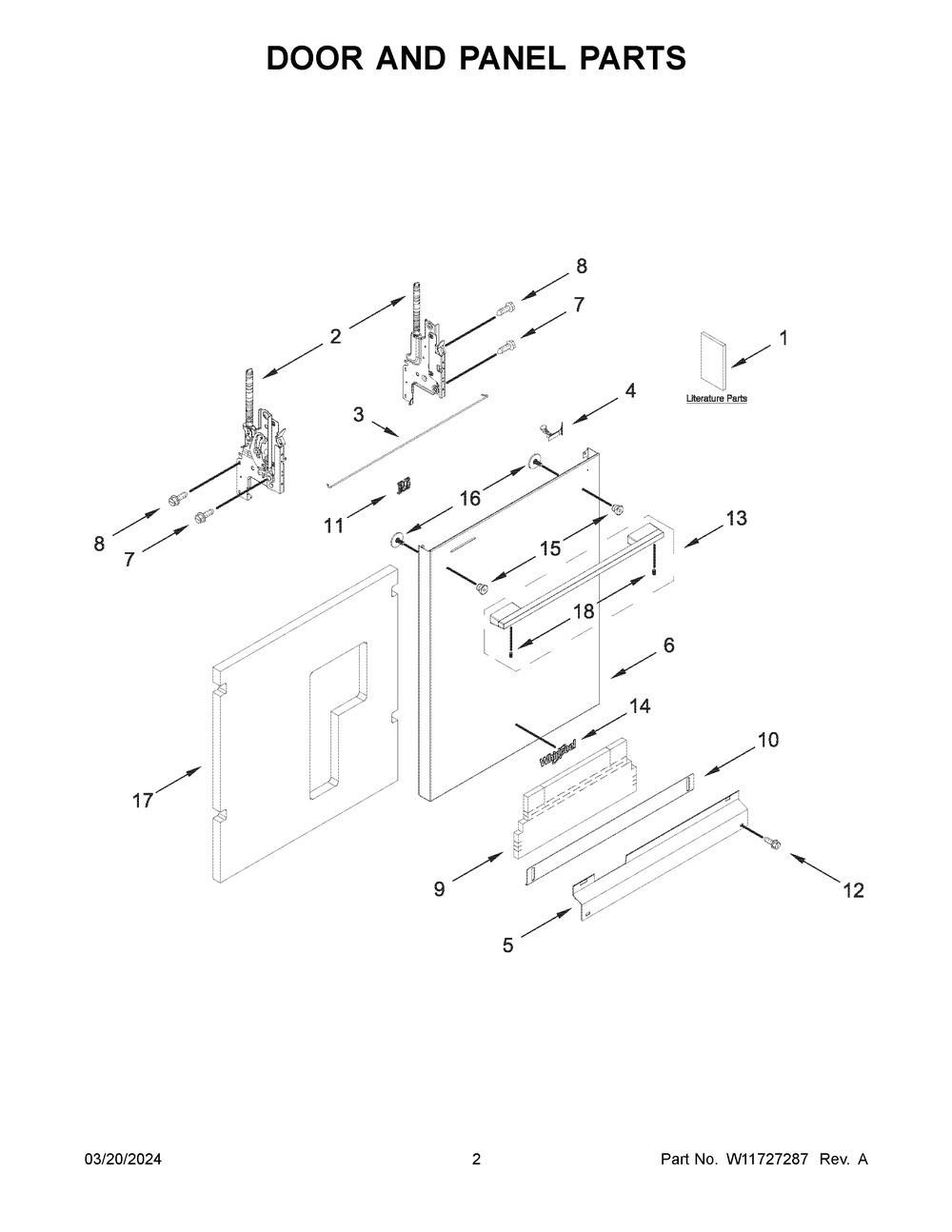 Door And Panel Parts Diagram and Parts List for WDTA80SAKZ3  Whirlpool Dishwasher