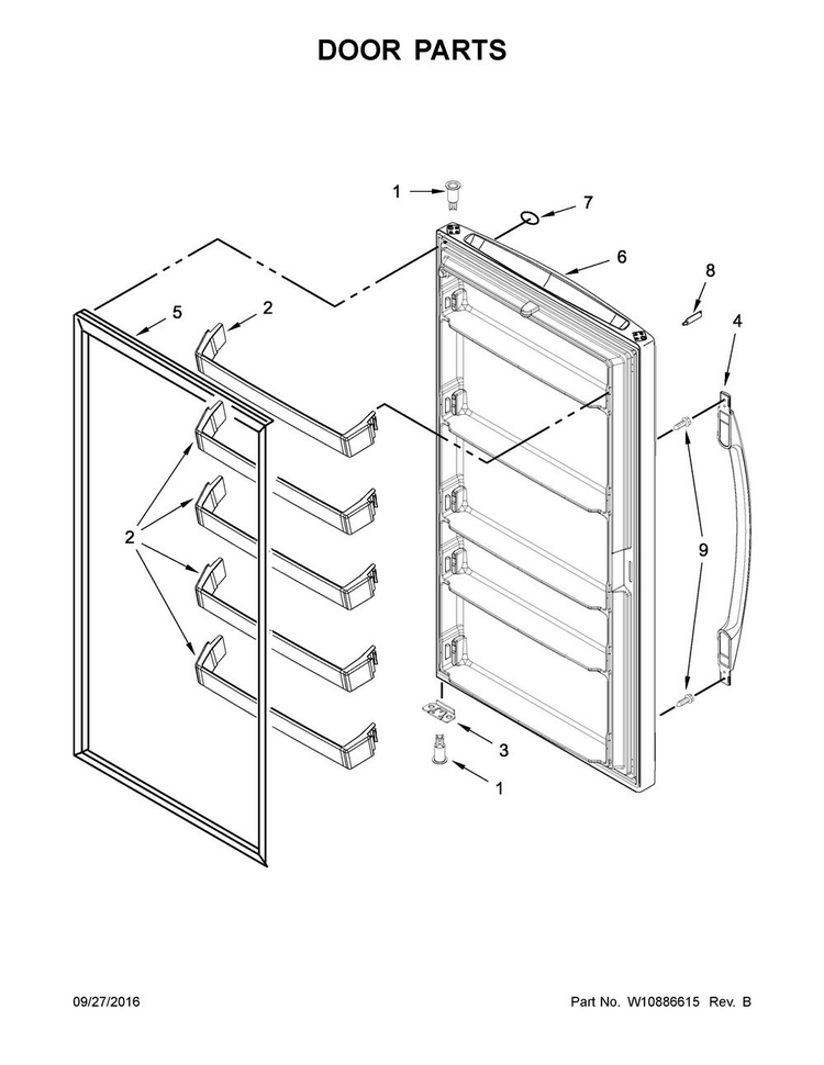 Door Parts Diagram and Parts List for WZF57R16FW00  Whirlpool Freezer
