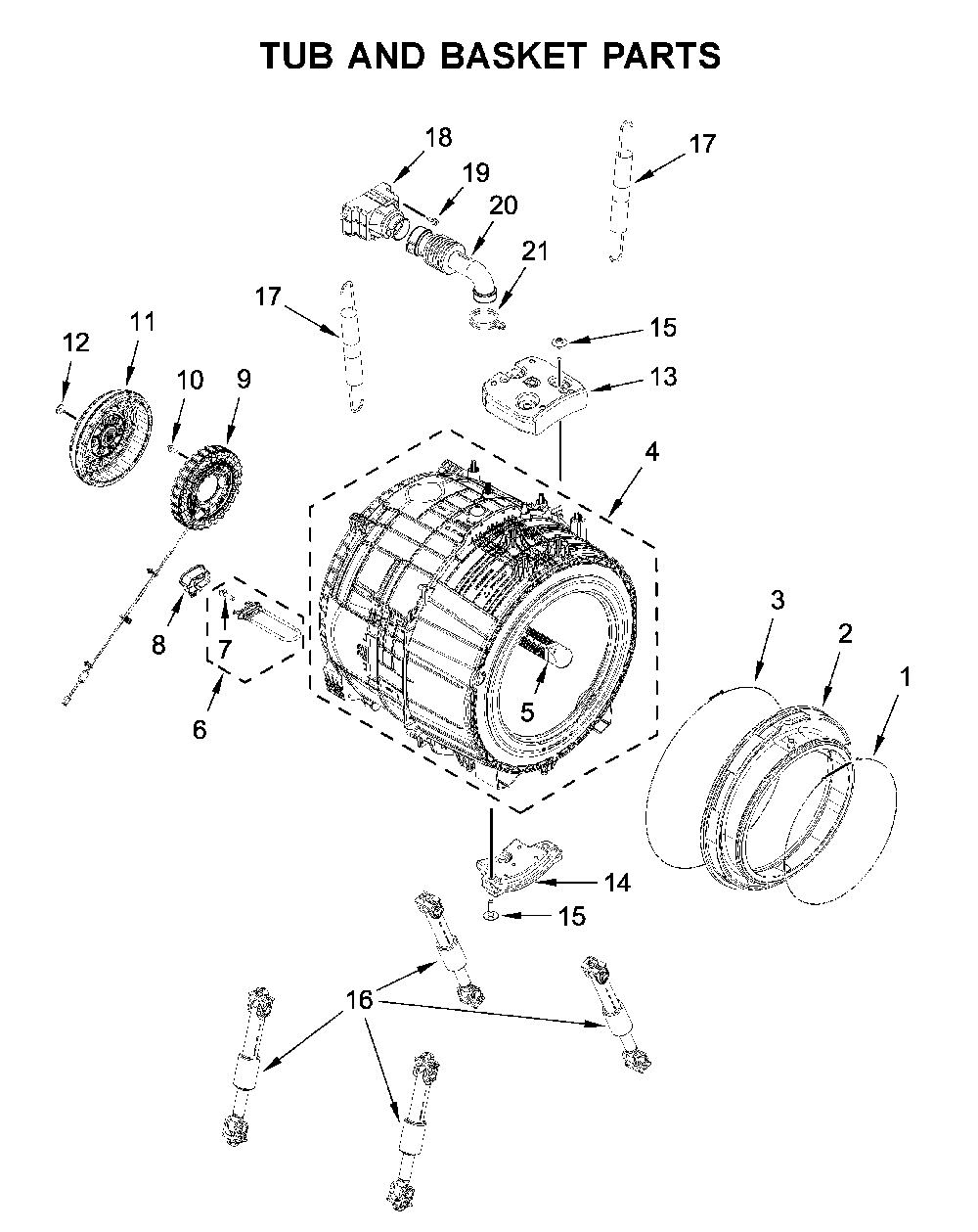 Tub and basket parts Diagram and Parts List for 7MWFW6622HW1  Whirlpool Washer