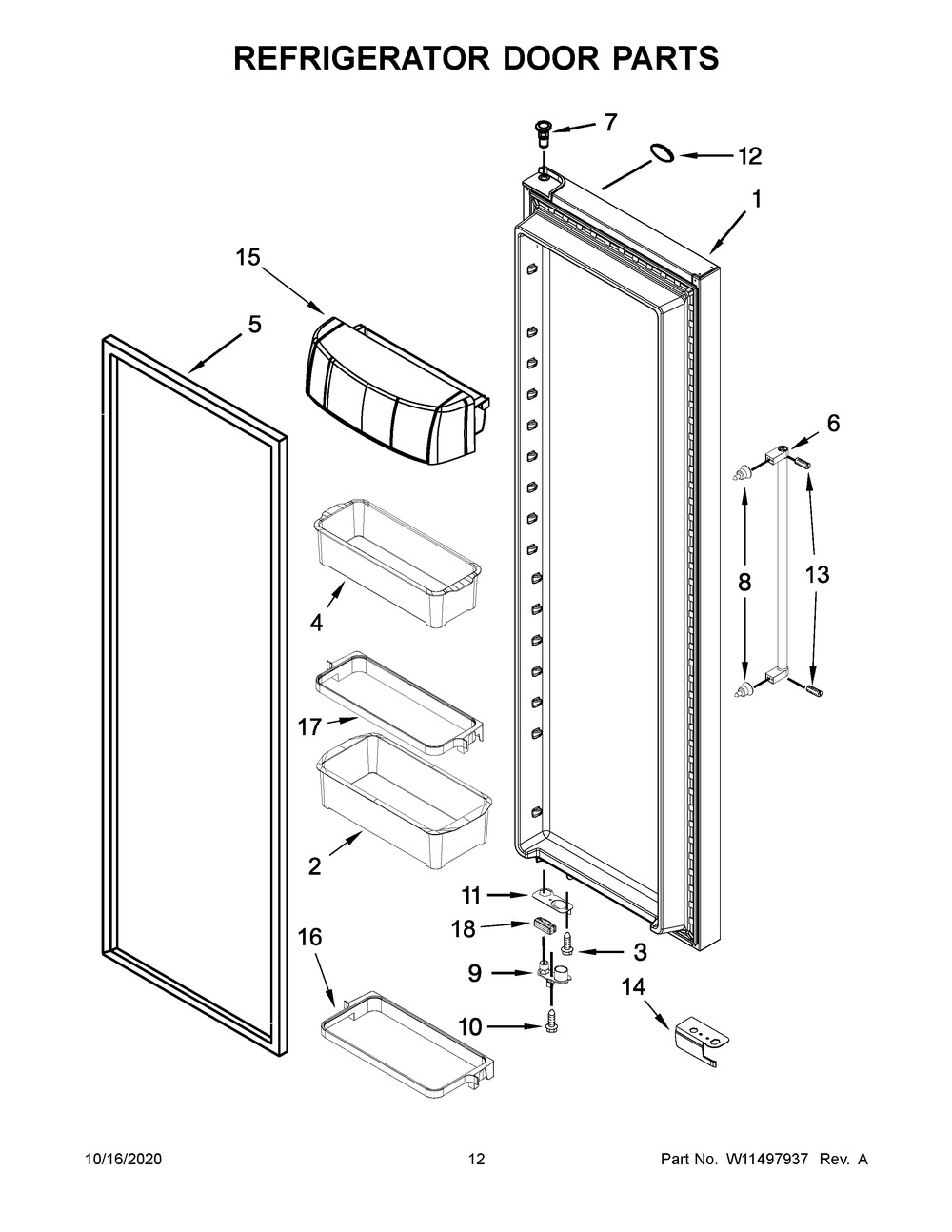 Refrigerator Door Parts Diagram and Parts List for KRSF705HBS01  Whirlpool Refrigerator
