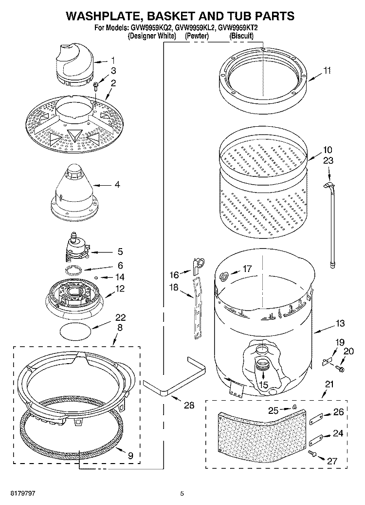 WASHPLATE, BASKET AND TUB Diagram and Parts List for GVW9959KL2  Whirlpool Washer