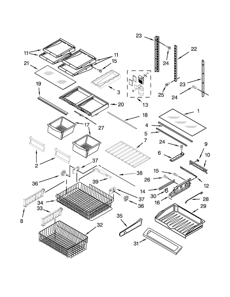 Shelf Parts Diagram and Parts List for KBFS20ECBL00  KitchenAid Refrigerator