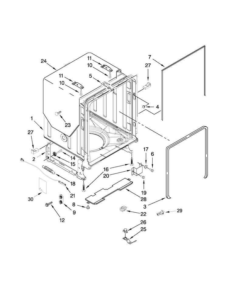 Tub And Frame Parts Diagram and Parts List for KUDE48FXSS6  KitchenAid Dishwasher