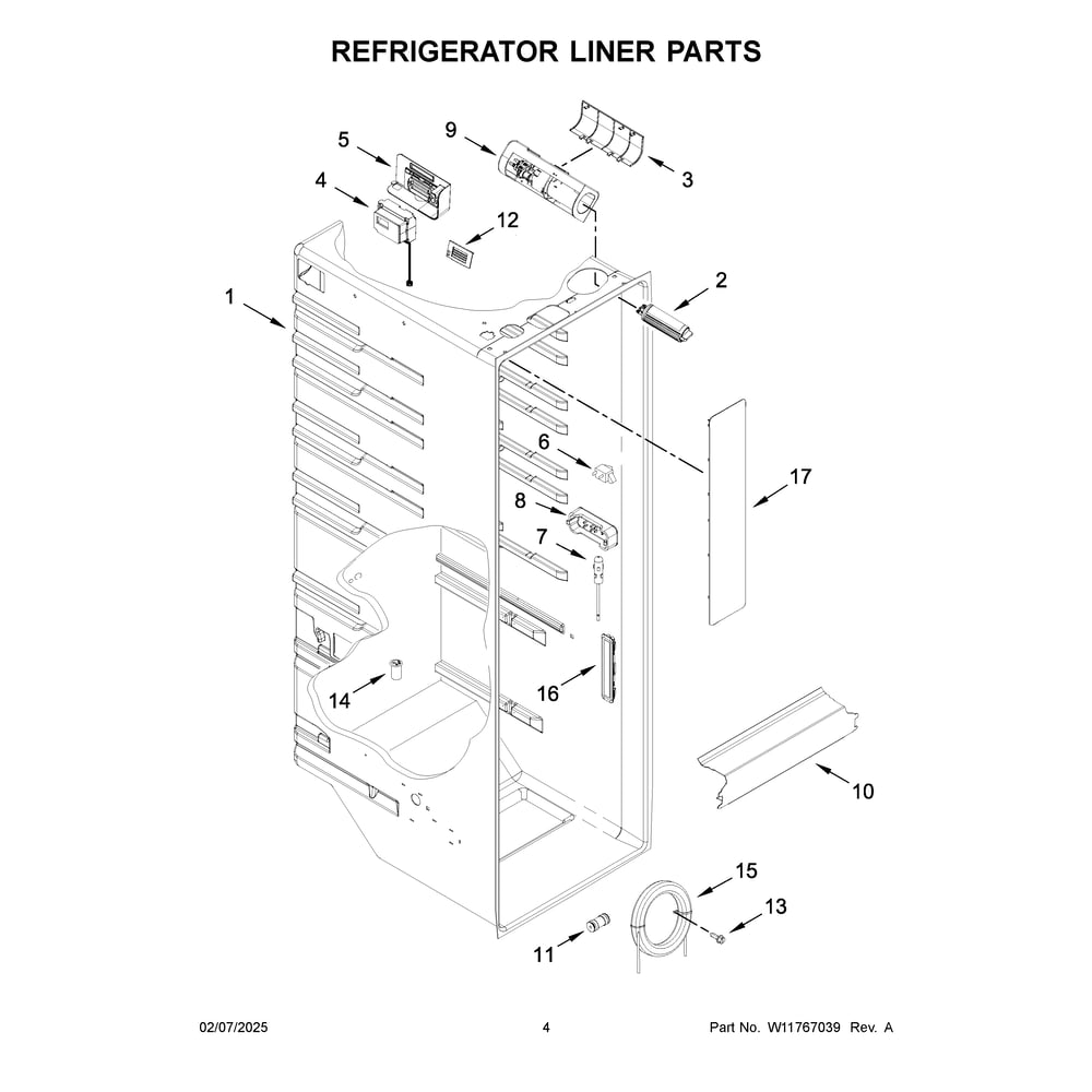 Refrigerator Liner Parts Diagram and Parts List for WRSF6536RZ00  Whirlpool Refrigerator