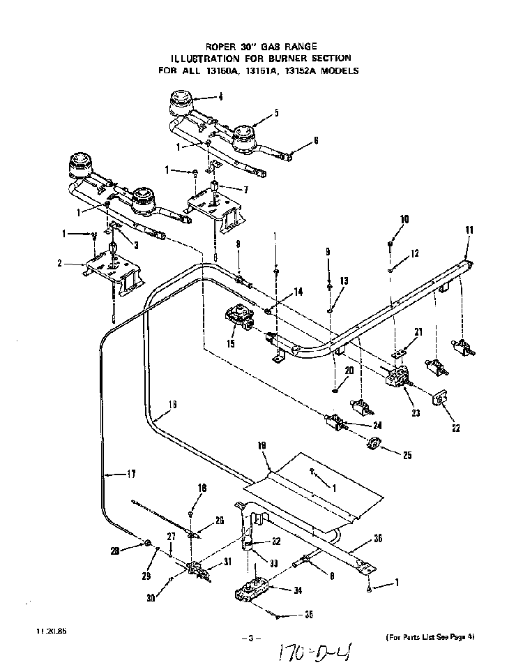 Burner Diagram and Parts List for 1315*1A  Roper Range