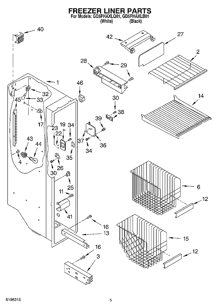 FREEZER LINER PARTS Diagram and Parts List for GD5PHAXLQ01  Whirlpool Refrigerator