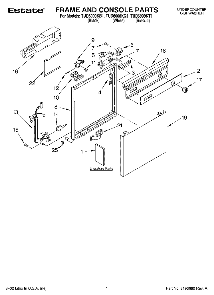 FRAME AND CONSOLE, LITERATURE Diagram and Parts List for TUD6000KB1  Estate Dishwasher