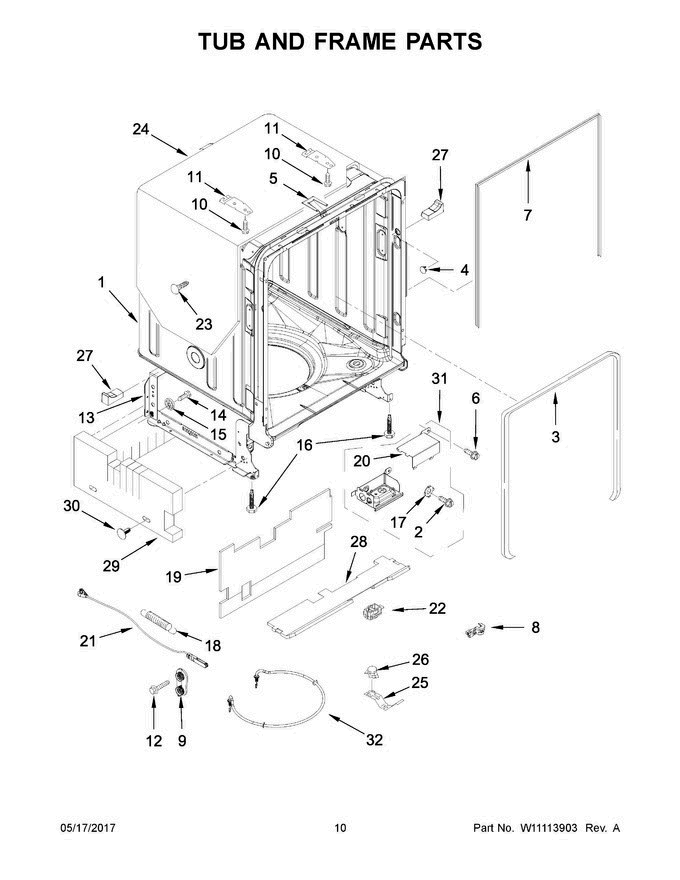 06 - Tub And Frame Parts Diagram and Parts List for KDTM354EBS3  KitchenAid Dishwasher
