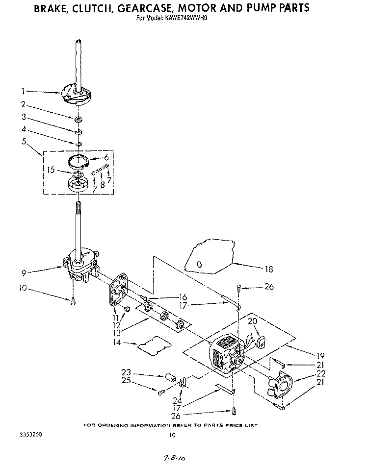 BRAKE, CLUTCH, GEARCASE, MOTOR AND PUMP Diagram and Parts List for KAWE742WWH0  KitchenAid Washer
