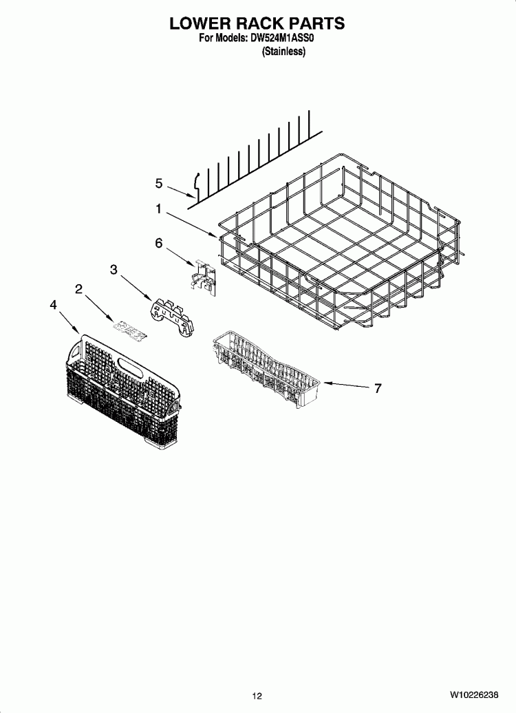 LOWER RACK PARTS Diagram and Parts List for DW524M1ASS0  Whirlpool Dishwasher