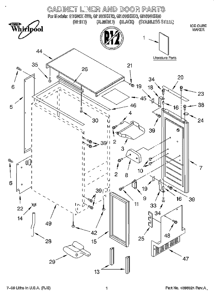 CABINET LINER AND DOOR, LITERATURE Diagram and Parts List for GI1500XHN0  Whirlpool Ice Maker
