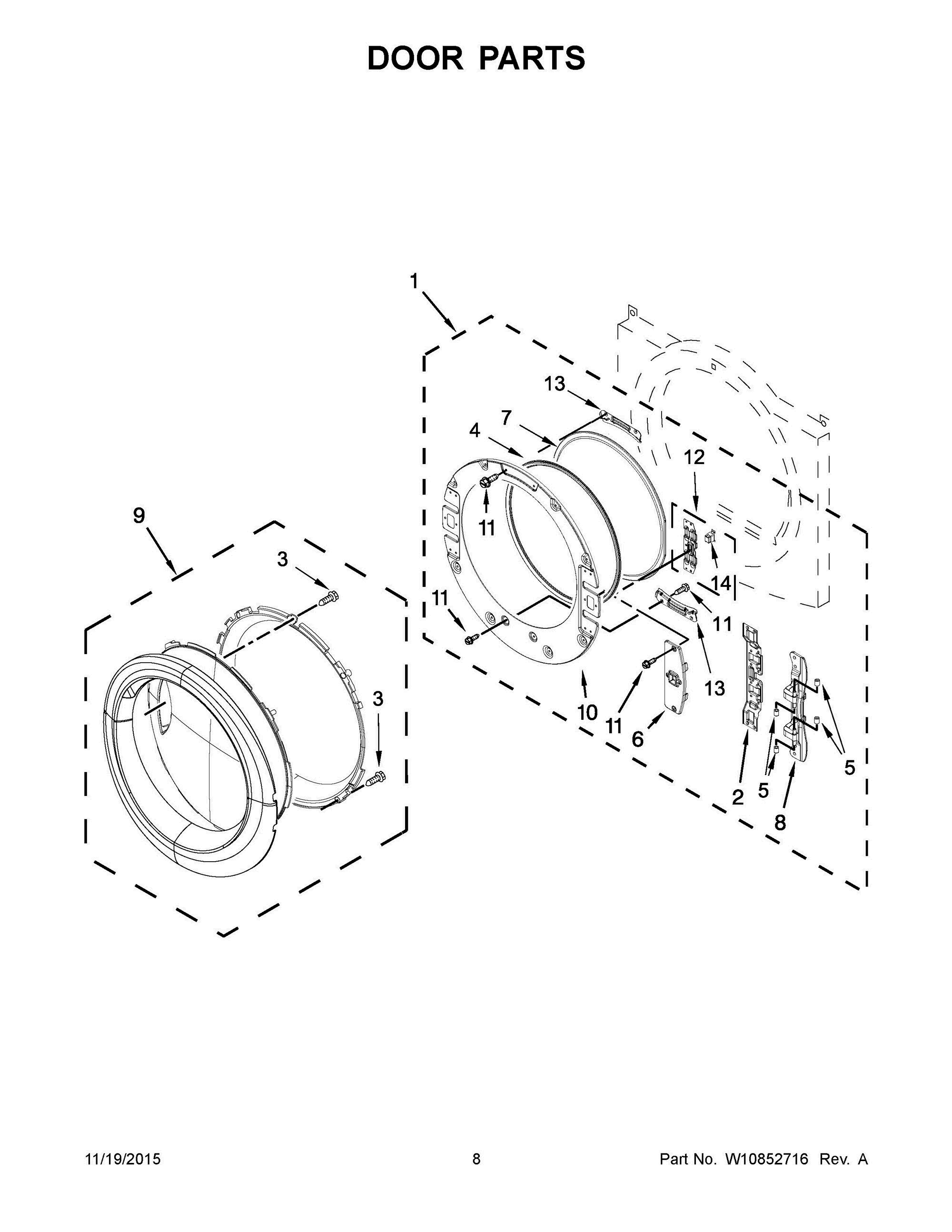 05 - DOOR PARTS Diagram and Parts List for YWED87HEDW1  Whirlpool Dryer