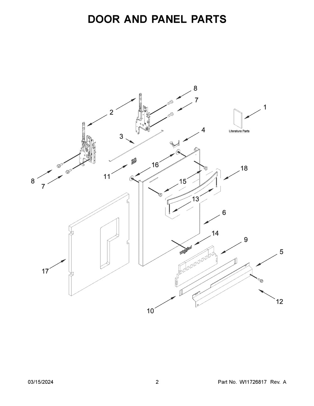 Door And Panel Parts Diagram and Parts List for WDT751SAPZ1  Whirlpool Dishwasher
