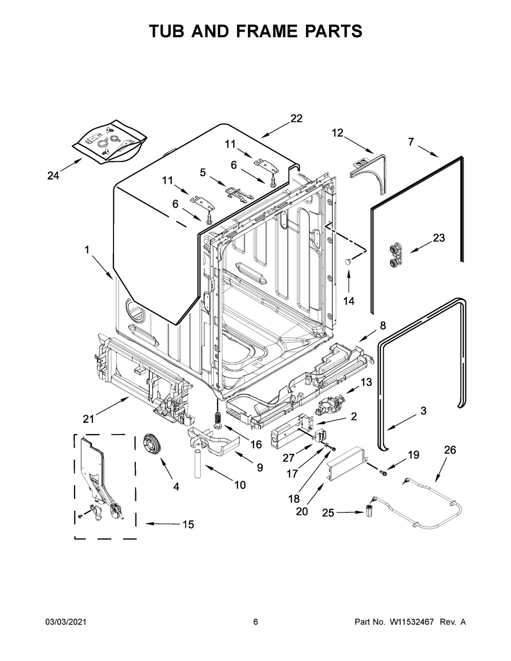 Tub And Frame Parts Diagram and Parts List for KDTE104KPS0  Whirlpool Dishwasher
