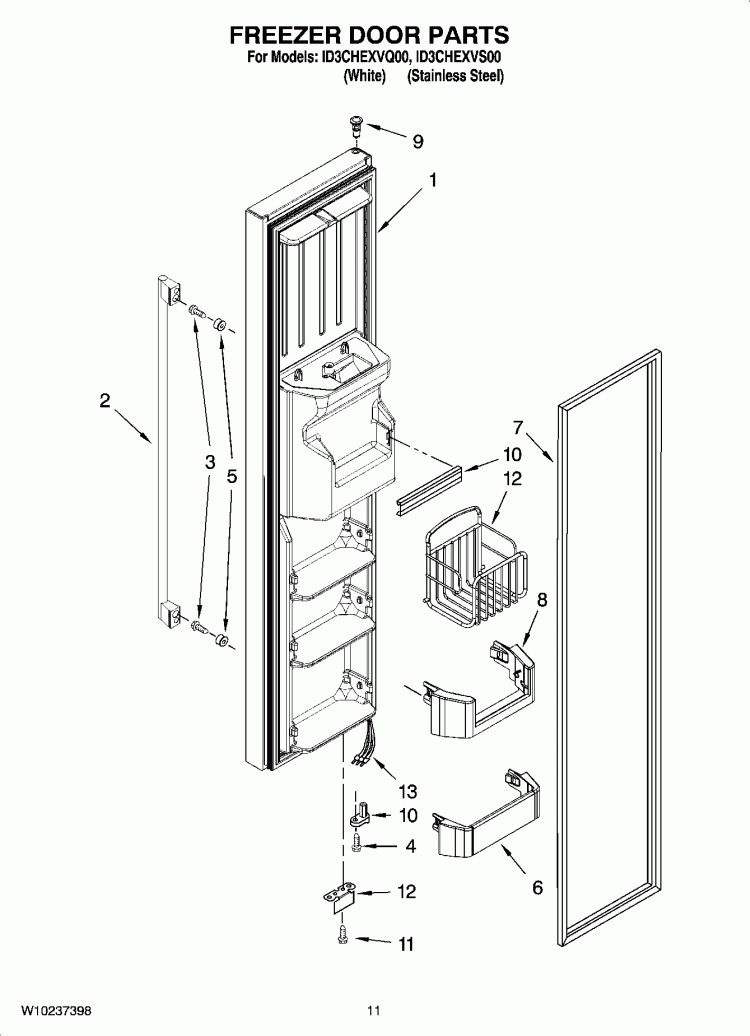 FREEZER DOOR PARTS Diagram and Parts List for ID3CHEXVQ00  Whirlpool Refrigerator