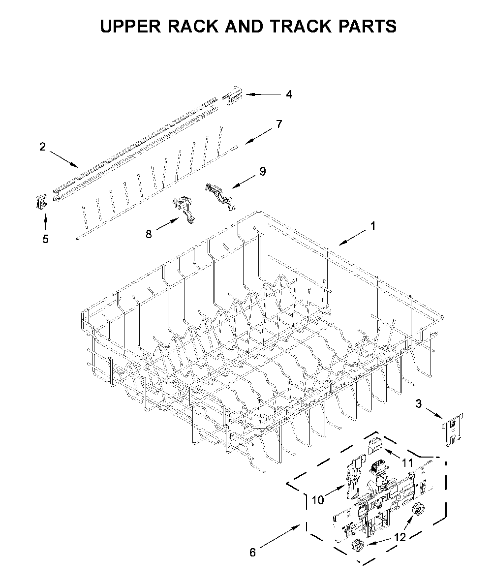 Upper rack and track parts Diagram and Parts List for WDT750SAKB0  Whirlpool Dishwasher