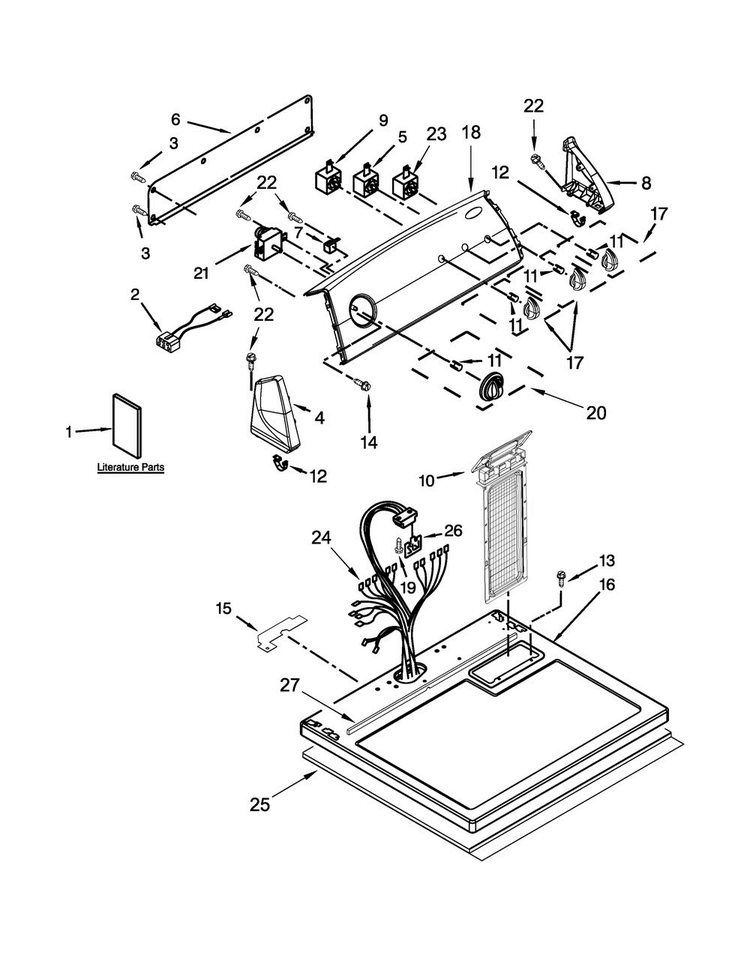Top And Console Parts Diagram and Parts List for 7EWED1730YW1  Whirlpool Dryer