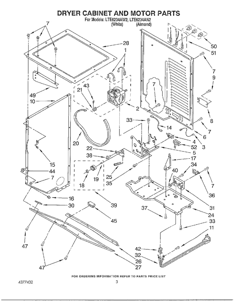 Dryer Cabinet And Motor Parts Diagram and Parts List for LTE6243AN2  Whirlpool Washer Dryer Combo