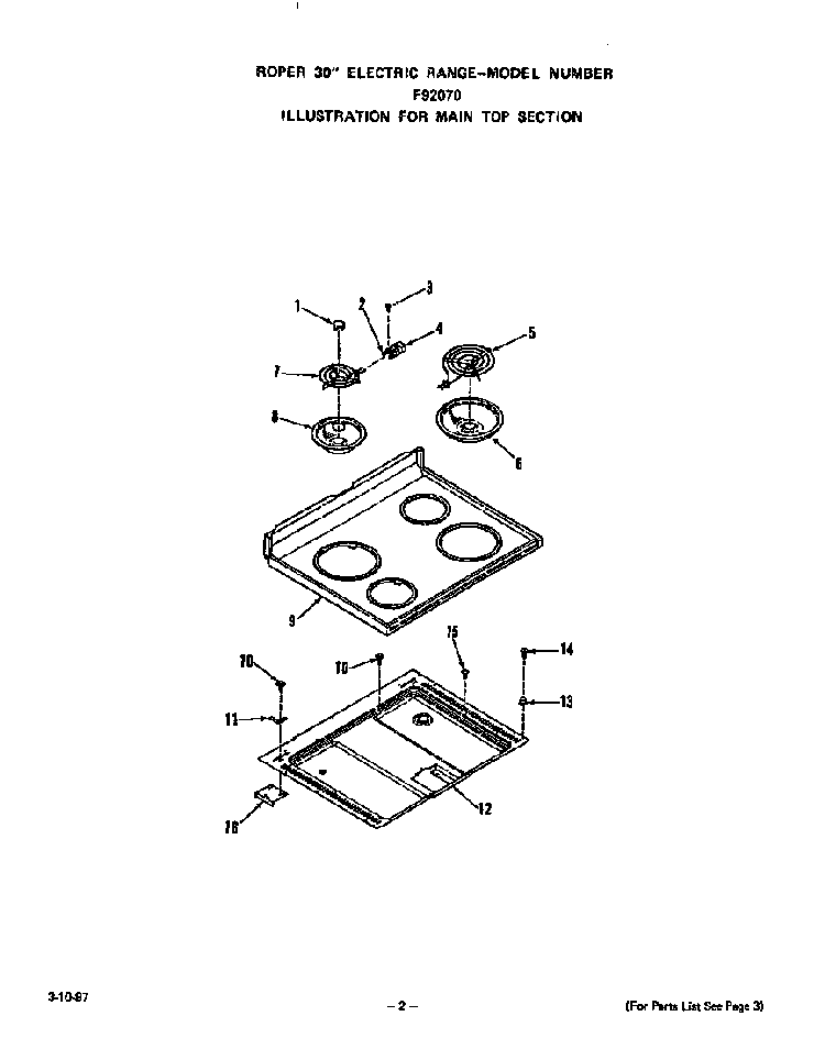 Main Top Diagram and Parts List for F9027*0  Roper Range