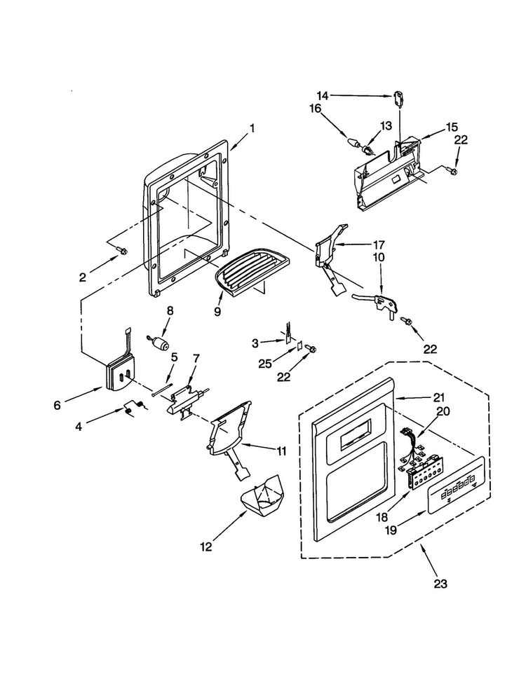 Dispenser Front Diagram and Parts List for KSRS22QGBT0  KitchenAid Refrigerator