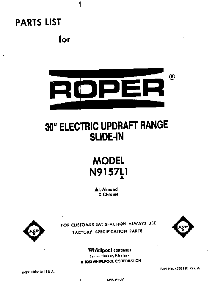Front Cover Diagram and Parts List for N9157*1  Roper Range