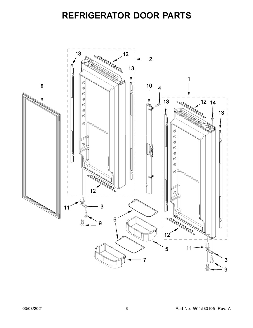 Refrigerator Door Parts Diagram and Parts List for KRFC302EPA03  Whirlpool Refrigerator