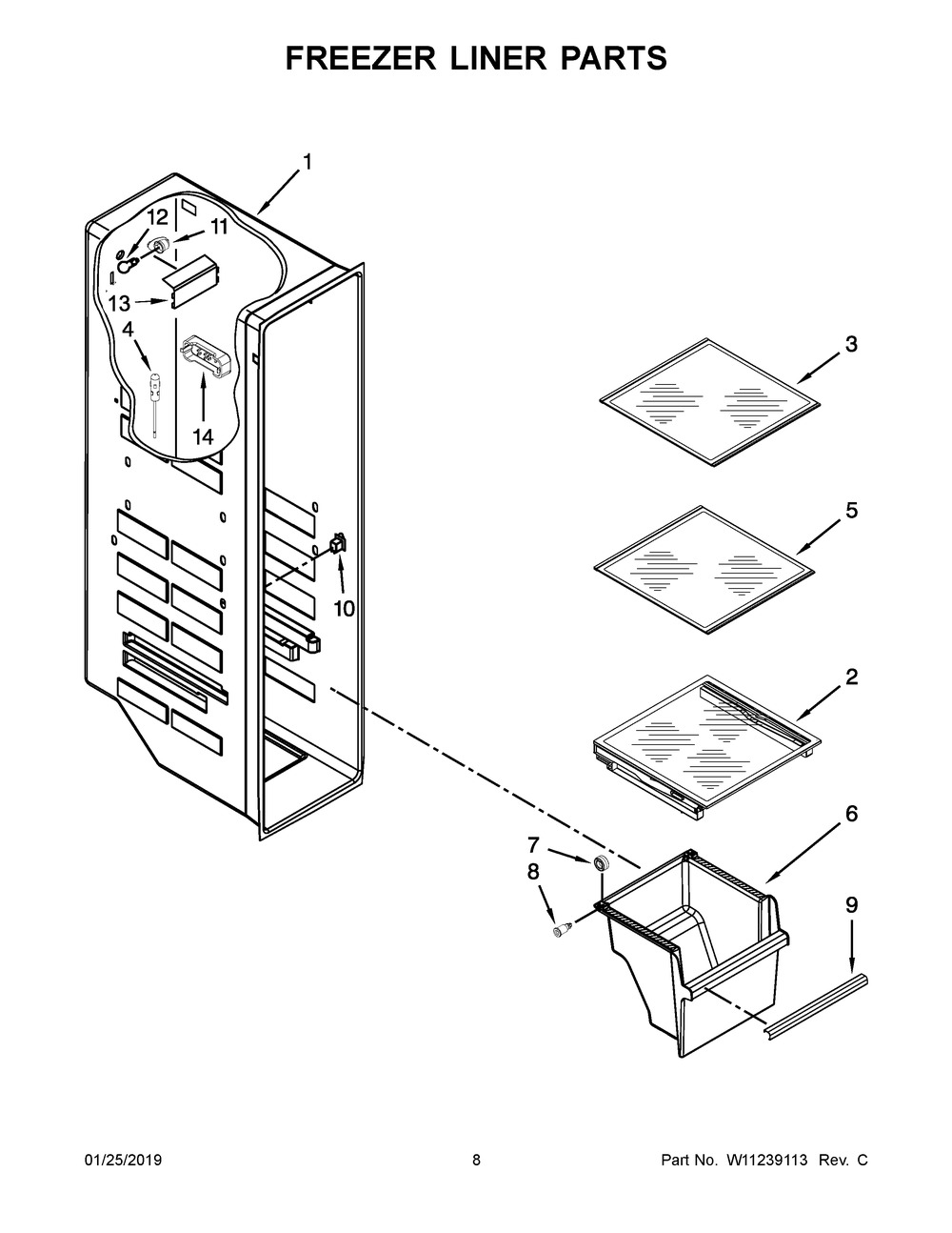 Freezer Liner Parts Diagram and Parts List for WRSA71CIHN00  Whirlpool Refrigerator