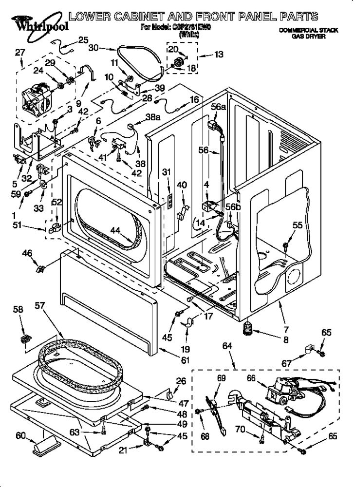 Lower Cabinet And Front Panel Diagram and Parts List for CSP2761EW0  Whirlpool Dryer