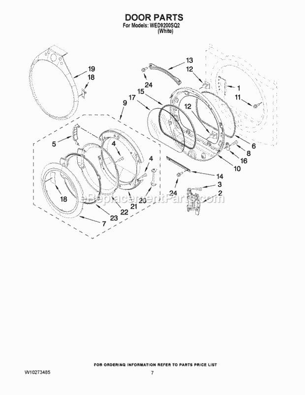 Door Parts Diagram and Parts List for WED9200SQ2  Whirlpool Dryer
