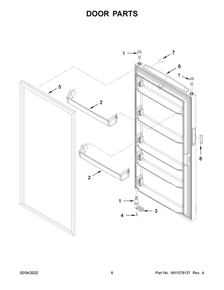 Door Parts Diagram and Parts List for WZF34X20DW04  Whirlpool Freezer