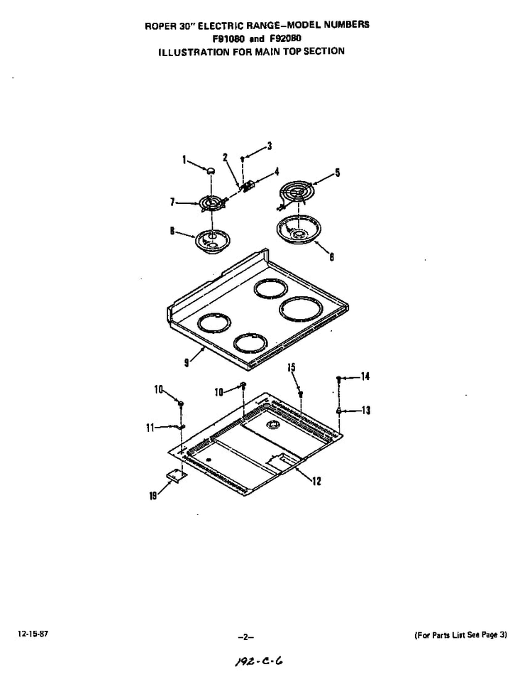 Main Top Diagram and Parts List for F9208*0  Roper Range