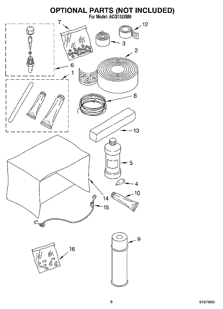 OPTIONAL  PARTS (NOT INCLUDED) Diagram and Parts List for ACQ152XM0  Whirlpool Air Conditioner