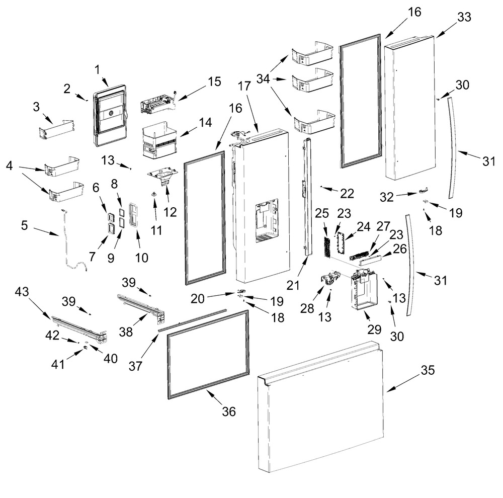 Door Parts Diagram and Parts List for WRFF3736SV00 WRFF3736SZ00-WRFF3736SW00 Whirlpool Refrigerator
