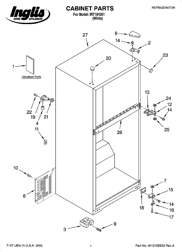 CABINET PARTS Diagram and Parts List for IRT184301  Inglis Refrigerator