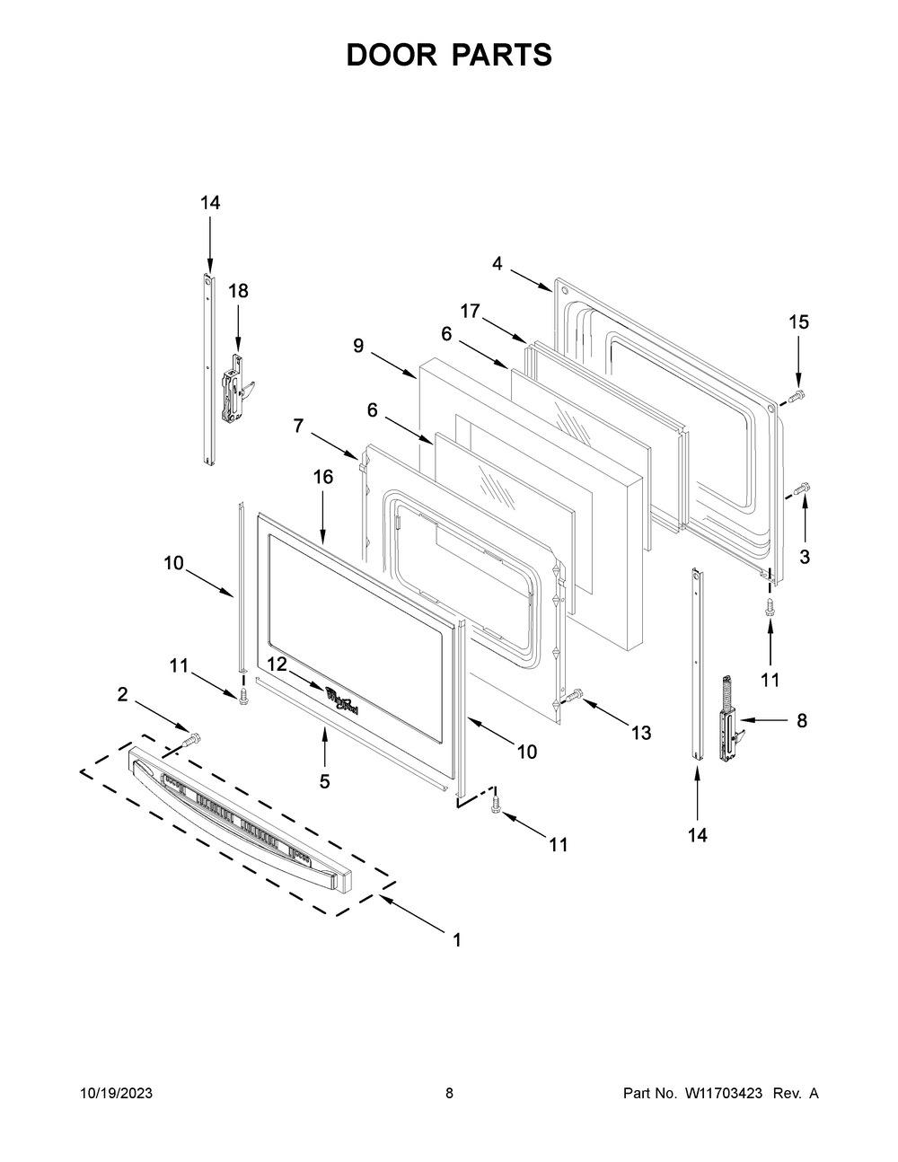 Door Parts Diagram and Parts List for WFE515S0JB4  Whirlpool Range