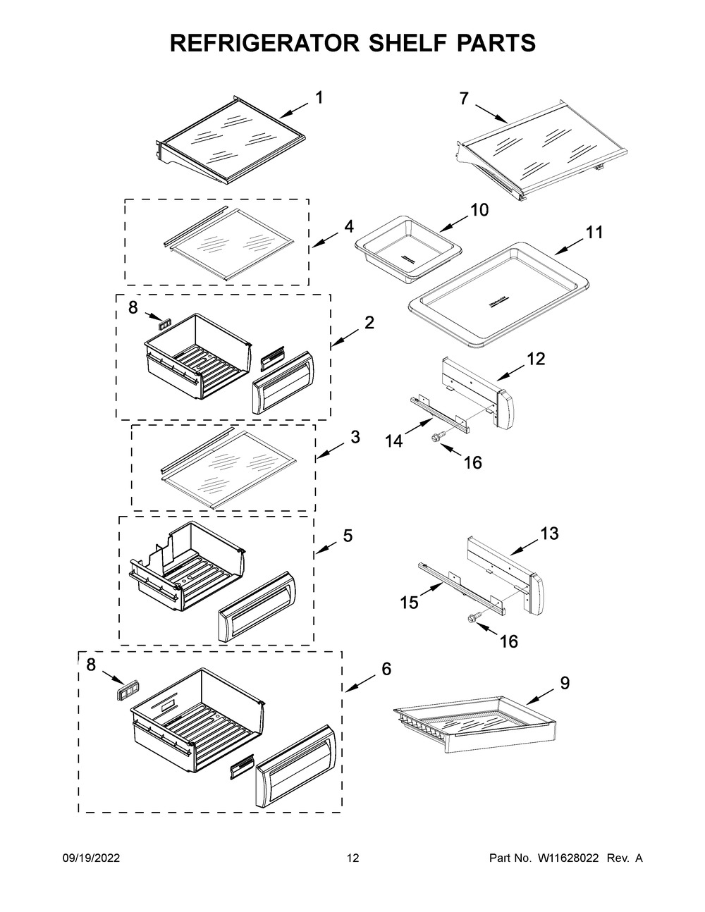 Refrigerator Shelf Parts Diagram and Parts List for KBSD702MPS00  KitchenAid Refrigerator