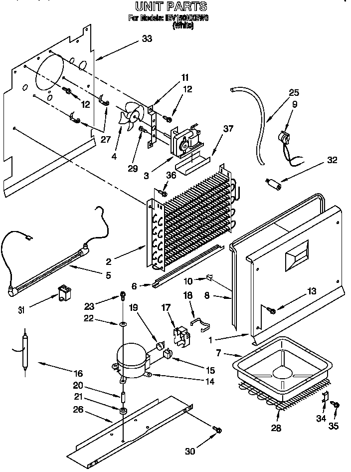 Unit Diagram and Parts List for EV150NXEW00  Whirlpool Freezer