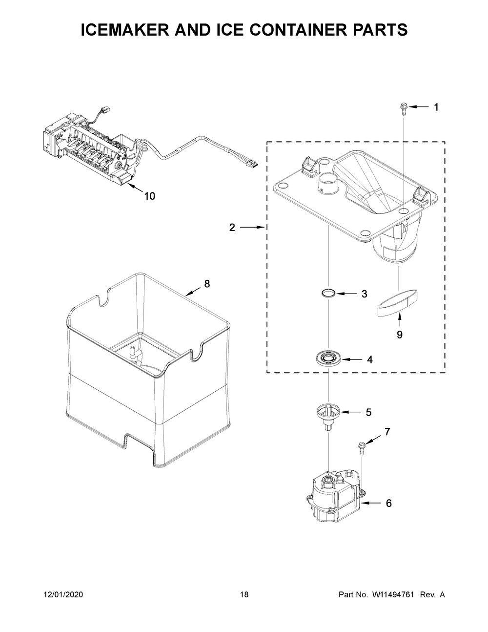 Icemaker And Ice Container Parts Diagram and Parts List for KRFF507HWH02  Whirlpool Refrigerator