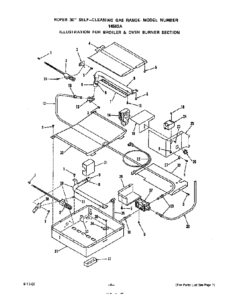 Broiler And Oven Burner Diagram and Parts List for 1456*2A  Roper Range