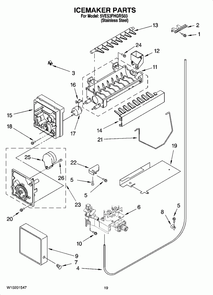 ICEMAKER PARTS, OPTIONAL PARTS (NOT INCLUDED) Diagram and Parts List for 5VES3FHGRS03  Whirlpool Refrigerator