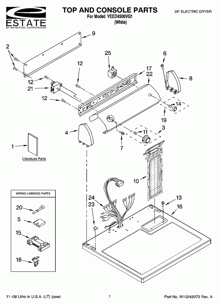 TOP AND CONSOLE PARTS Diagram and Parts List for YEED4300VQ1  Whirlpool Dryer