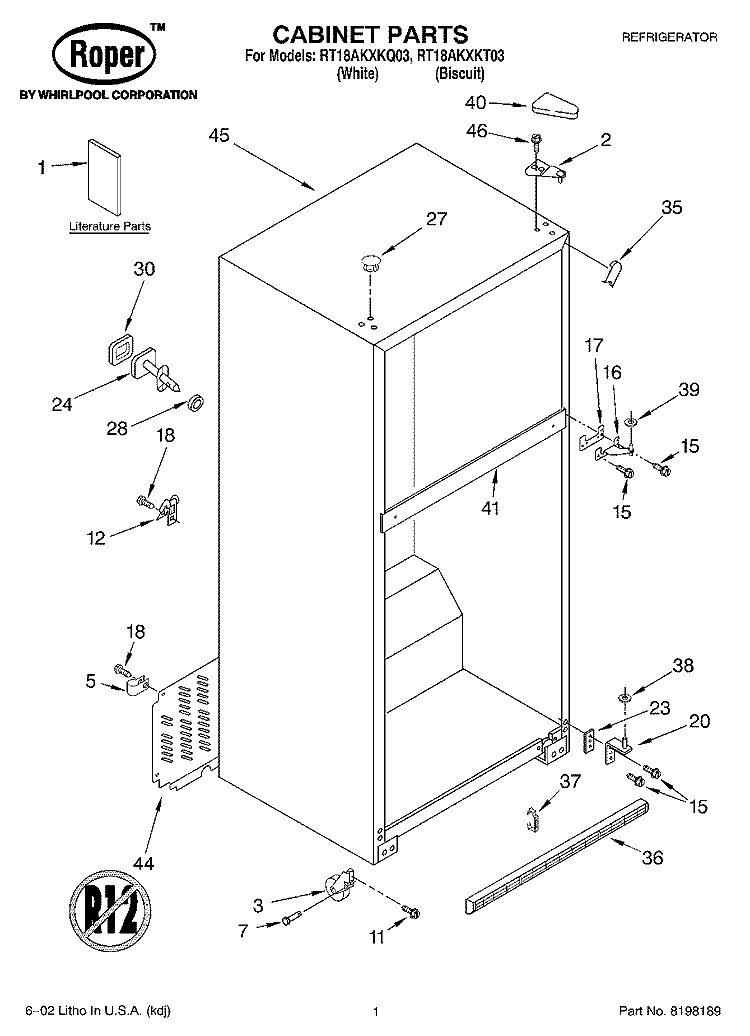 CABINET, LITERATURE Diagram and Parts List for RT18AKXKQ03  Roper Refrigerator