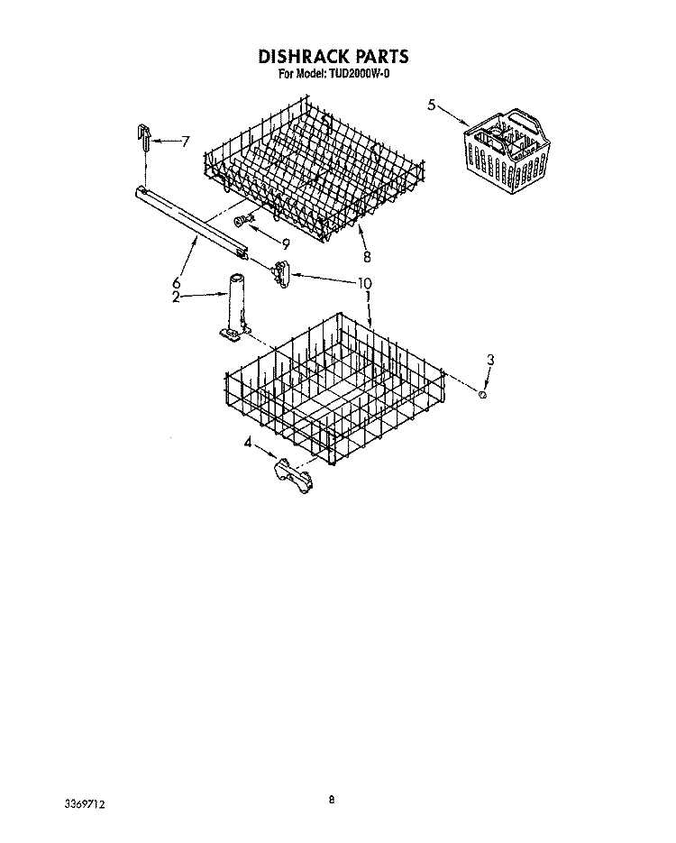 DISHRACK Diagram and Parts List for TUD2000W0  Whirlpool Dishwasher