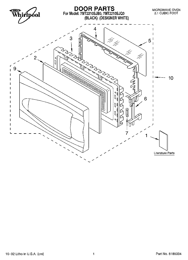 DOOR, LITERATURE Diagram and Parts List for 7MT2210SJQ0  Whirlpool Microwave
