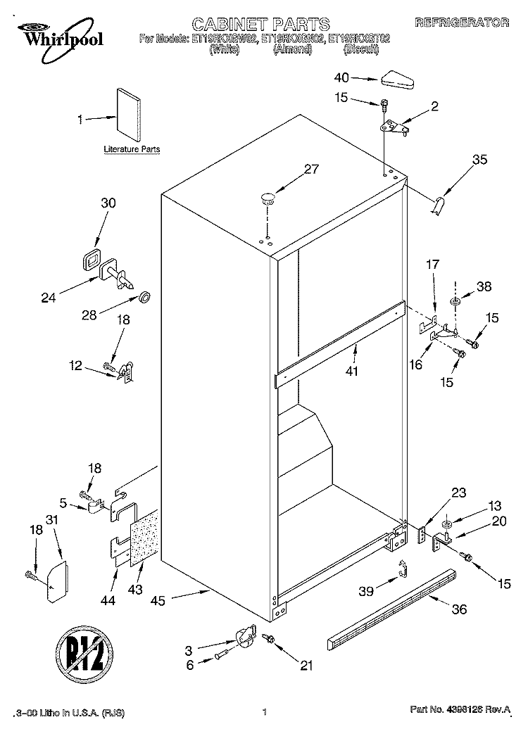 CABINET, LITERATURE Diagram and Parts List for ET19RKXGT02  Whirlpool Refrigerator