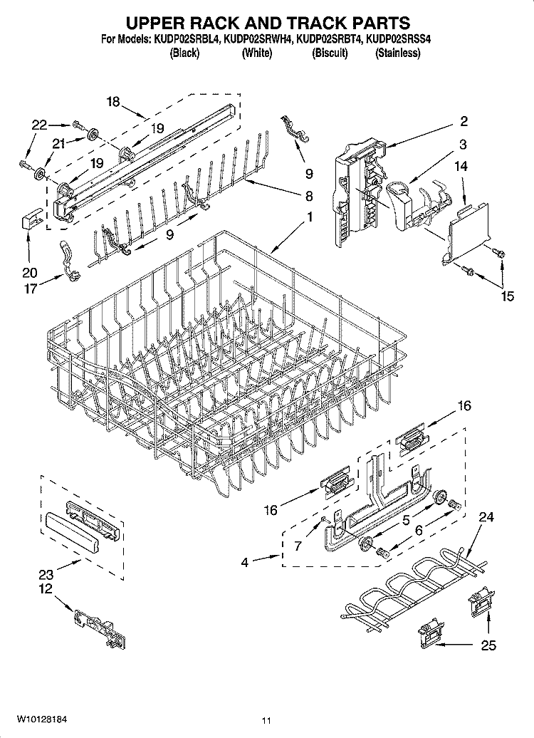 UPPER RACK AND TRACK PARTS Diagram and Parts List for KUDP02SRWH4  KitchenAid Dishwasher
